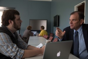 WLOX News Director Brad Kessie critiques the work of Breck Jones, a broadcast journalism major. Photo by Ji Hoon Heo, April 4, 2016.