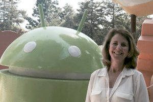 Associate Professor Deb Wenger in Google's Android Sculpture Garden after completing Google News Lab training in Mountain View, California.